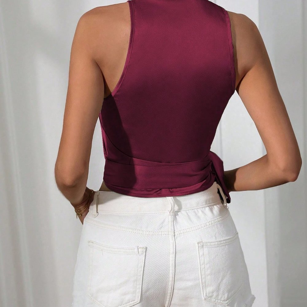 Burgundy Preppy Womens Solid Knot Side Wrap Satin Blouse - Picture 2 of 5